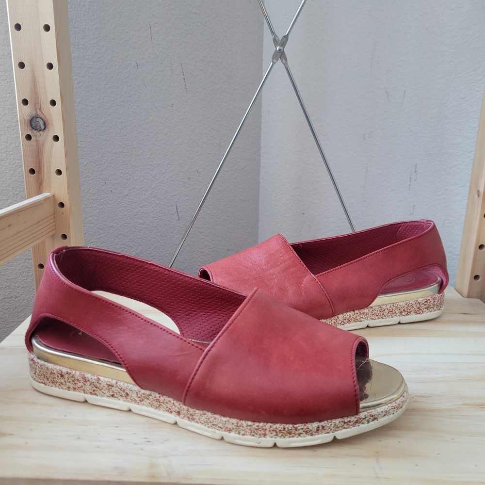 Saydo Red Leather Peep Toe Sandals Shoes 37